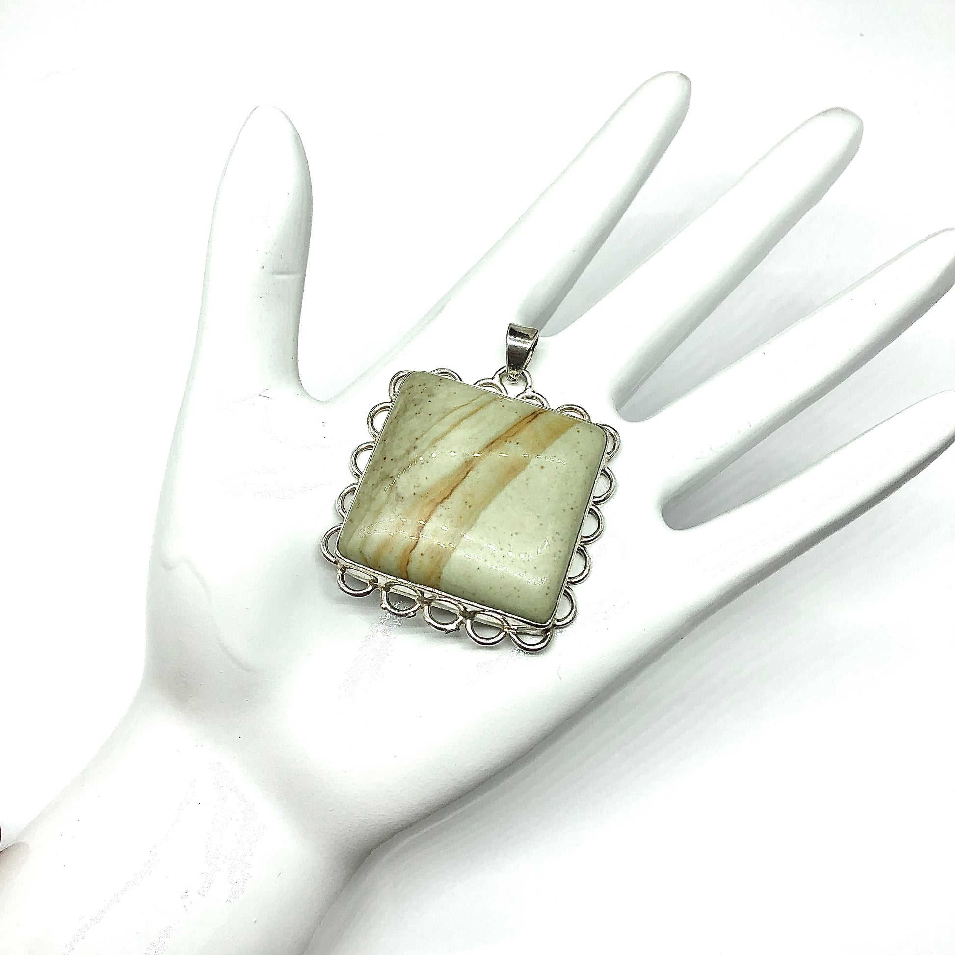 Jewelry Mens or Womens Bold Tea Green Picture Jasper Stone Sterling Silver Pendant