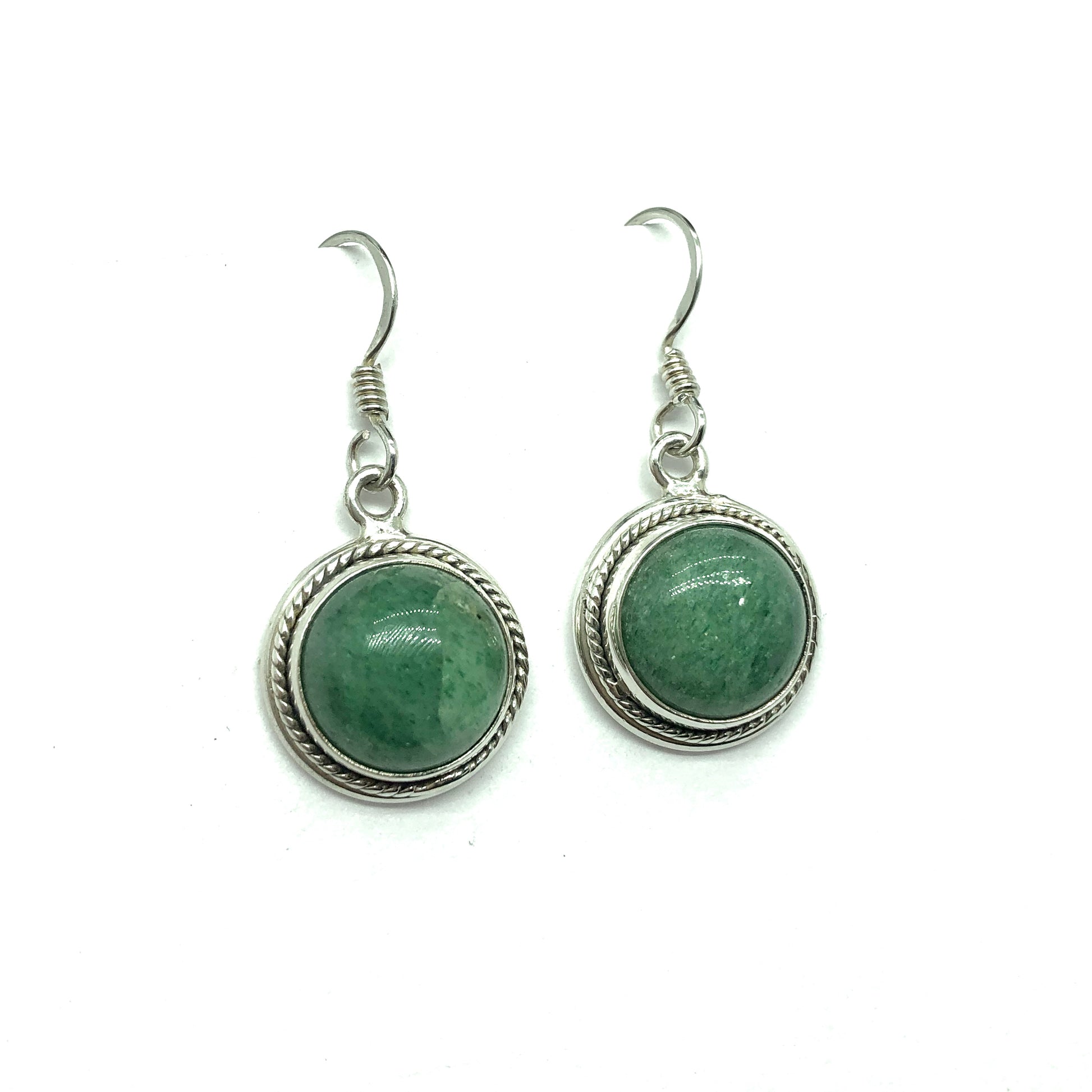 Frosty Pine Green Aventurine Stone Circle Drop Sterling Silver Dangle Earrings