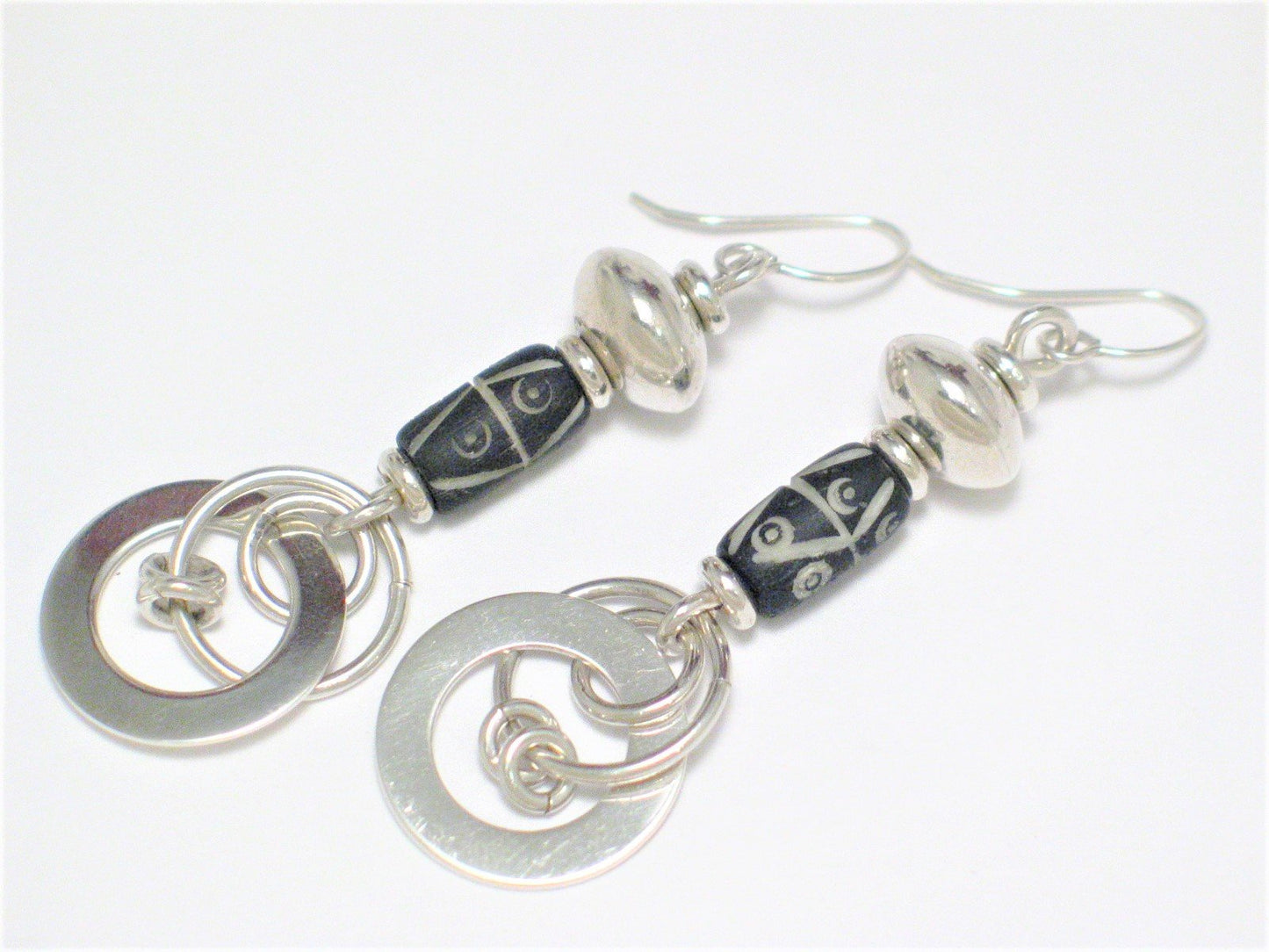 Earrings Estate | Womens Sterling Silver Bold Carved Circle Dangle Earrings