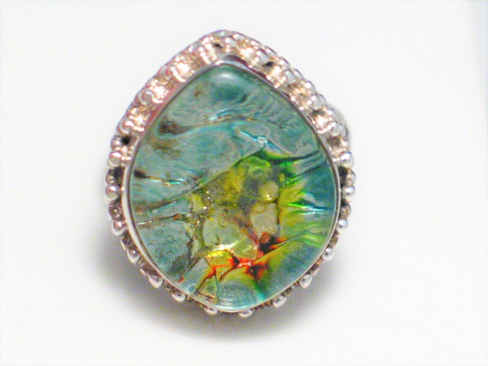 Sterling Silver Ring, sz8.5 Big Marquise Style Unique Multi Color Design Stone Ring - Statement Ring