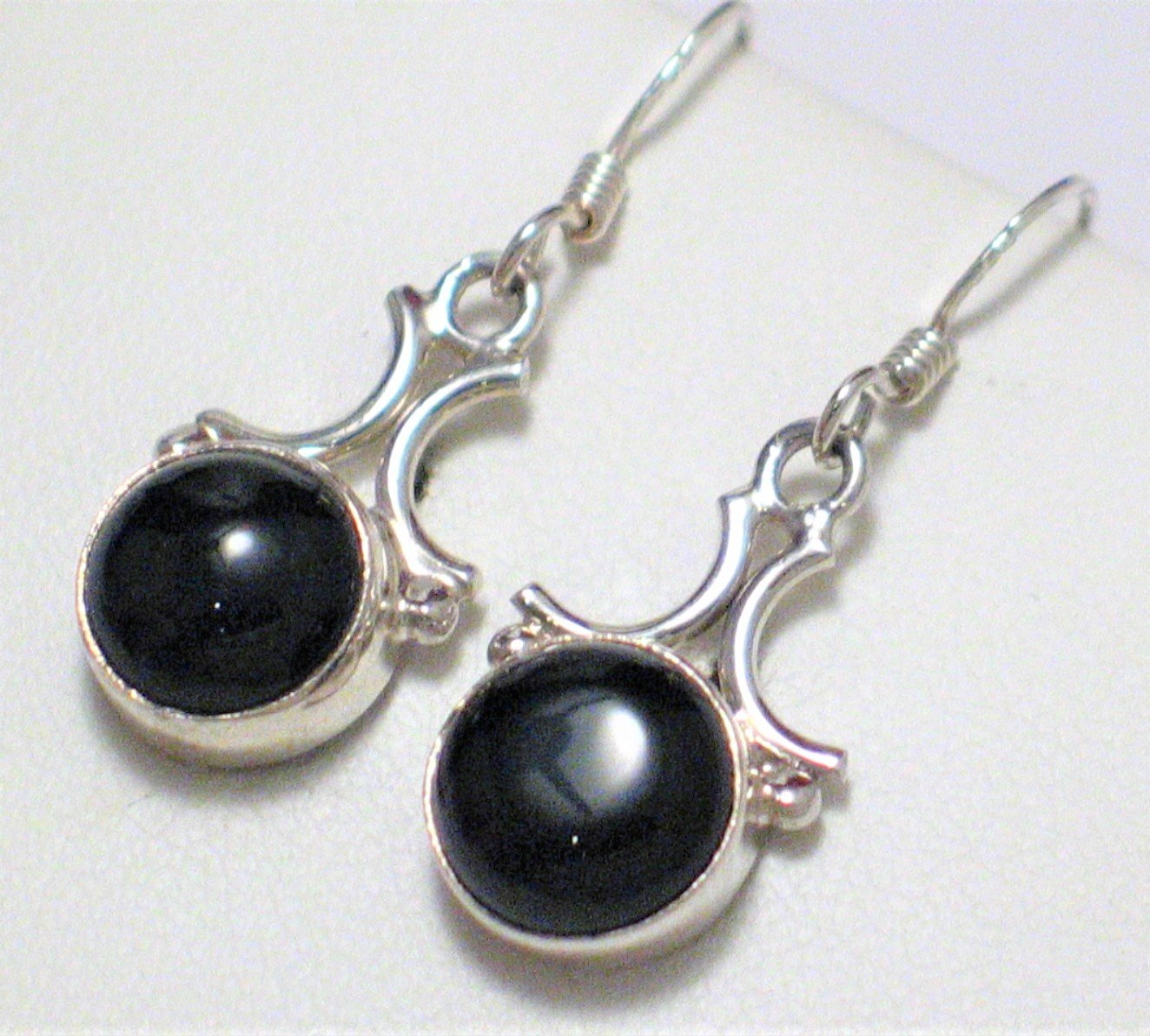 Dangle Earrings, Sterling Silver Glossy Jet Black Onyx Stone Drop Earrings