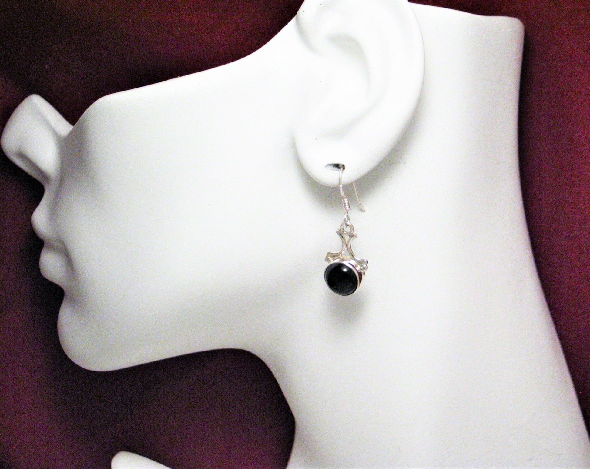 Dangle Earrings, Sterling Silver Glossy Jet Black Onyx Stone Drop Earrings