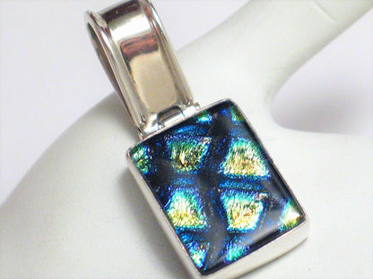 Pendant, Blue Metallic Design Dichroic Glass Sterling Silver Pendant