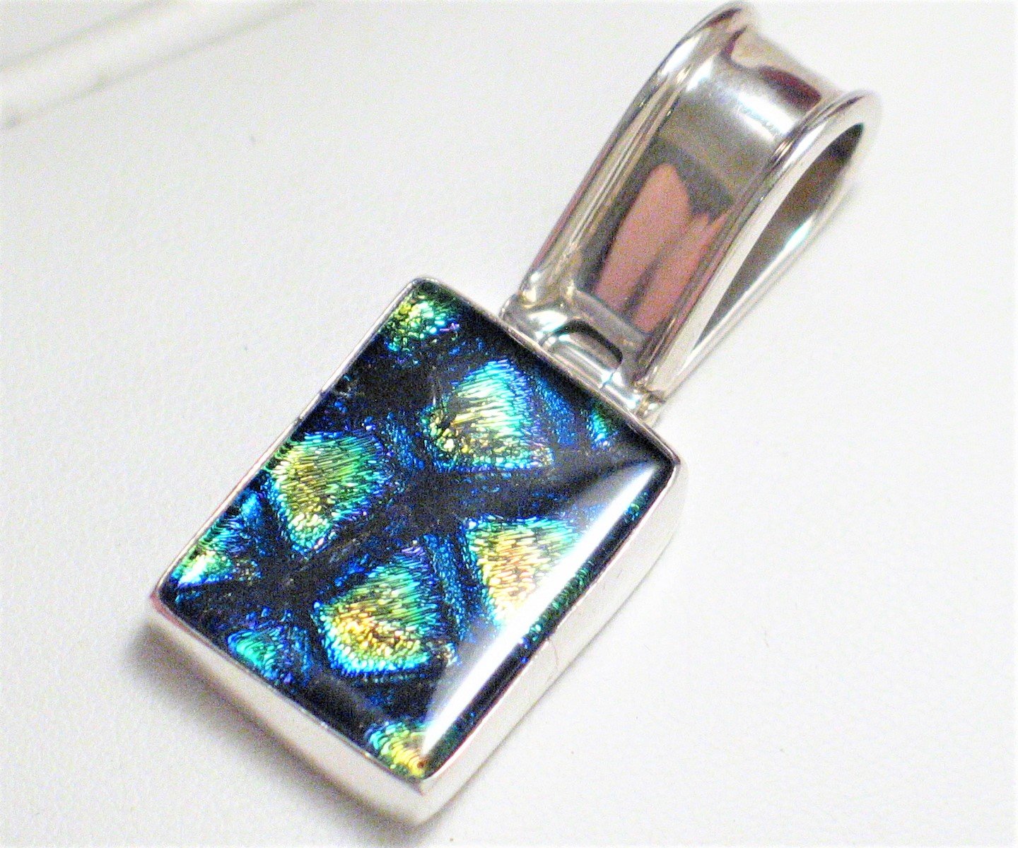 Pendant, Blue Metallic Design Dichroic Glass Sterling Silver Pendant