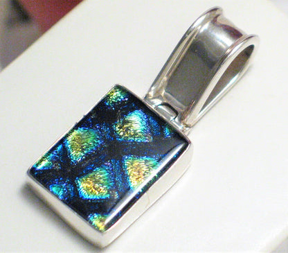 Pendant, Blue Metallic Design Dichroic Glass Sterling Silver Pendant