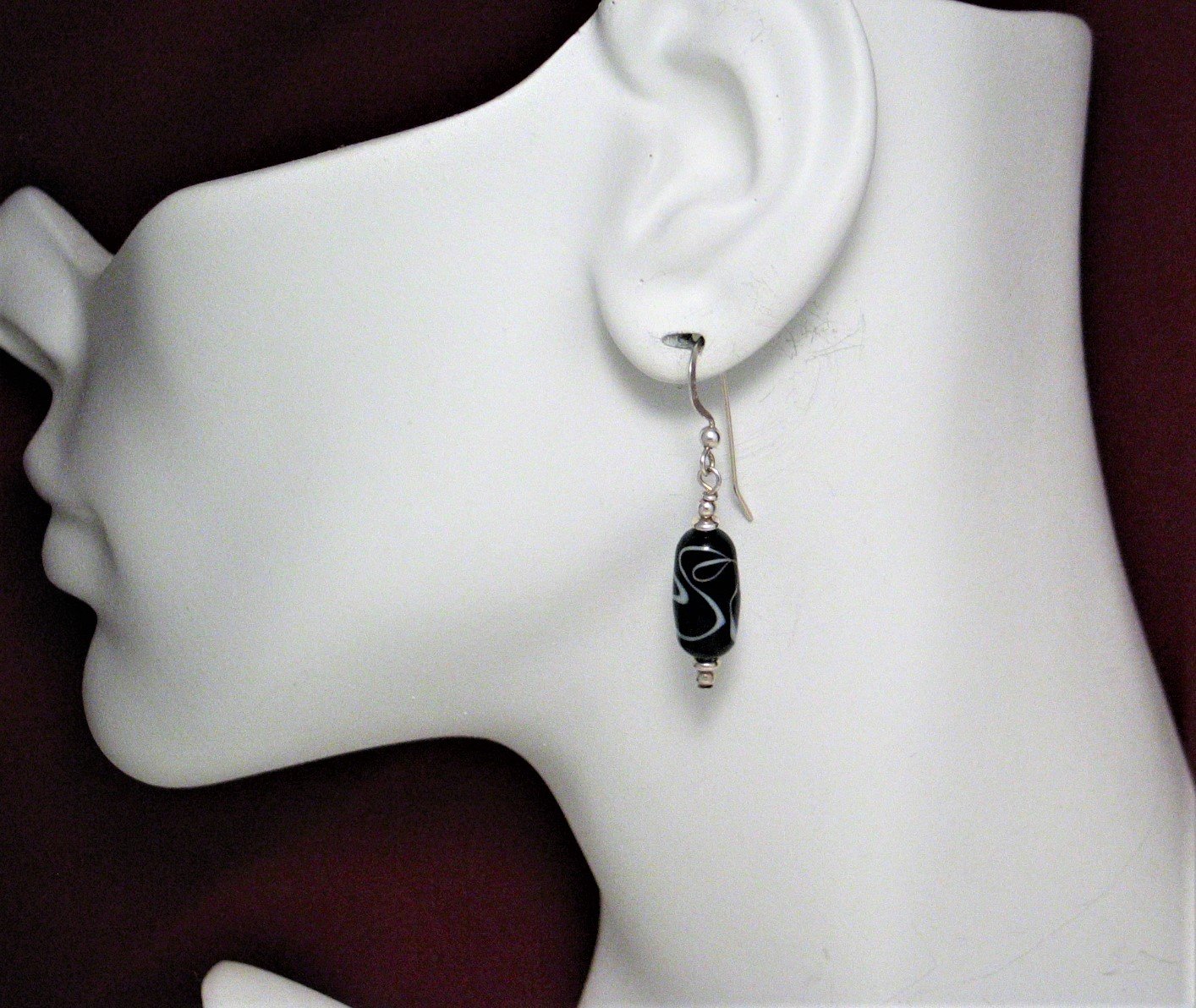 Sterling Silver Dangle Earrings, Black Pop of White Glass Bead Drop Earrings - Discount Pre-owned Jewelry