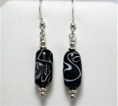 Sterling Silver Dangle Earrings, Black Pop of White Glass Bead Drop Earrings - Discount Pre-owned Jewelry