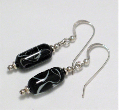 Sterling Silver Dangle Earrings, Black Pop of White Glass Bead Drop Earrings - Discount Pre-owned Jewelry