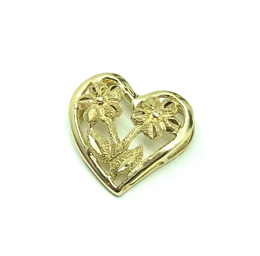 Sandblasted Cut-out Flower Design 10k Gold Heart Pendant