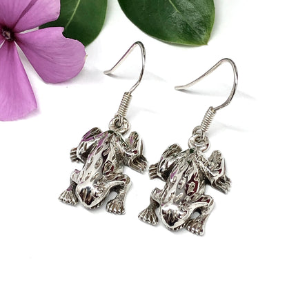 Womens Sterling Silver Earrings Unique Frog Design Dangle Earrings