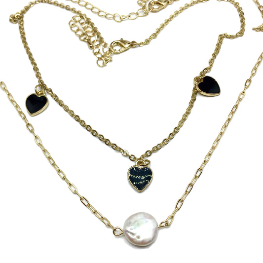 Fashion Jewelry | 14.5in Gold Reversible Black Heart Pearl Station Layering Chain Necklaces