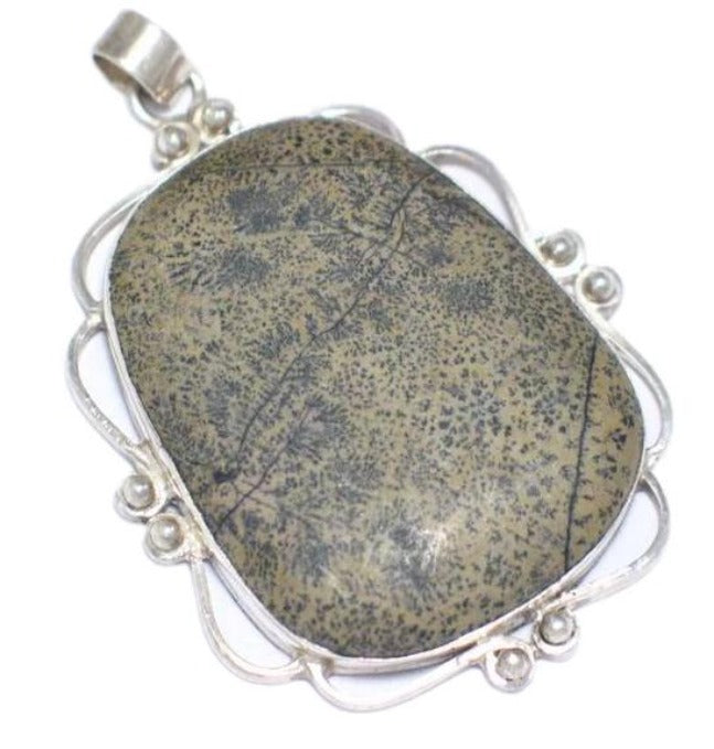 Big Pendant, Unique Tan and Black Satiny Fossil Stone Sterling Silver Pendant