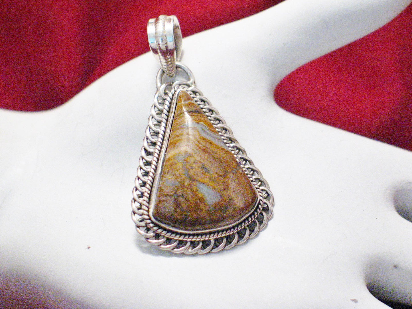 Stone Pendant | Sterling Silver Rope Design Brown Agate Stone Pendant | Mens Womens Jewelry