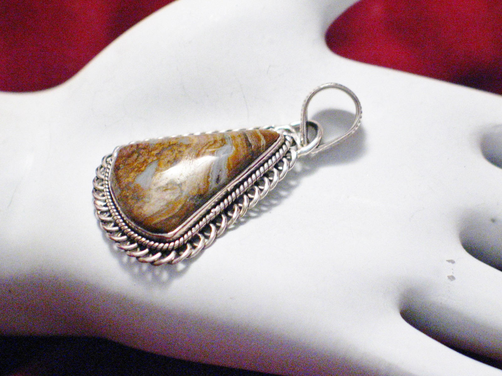 Stone Pendant, Mens Womens Marbled Brown White Teardrop cut Natural Agate Sterling Silver Pendant