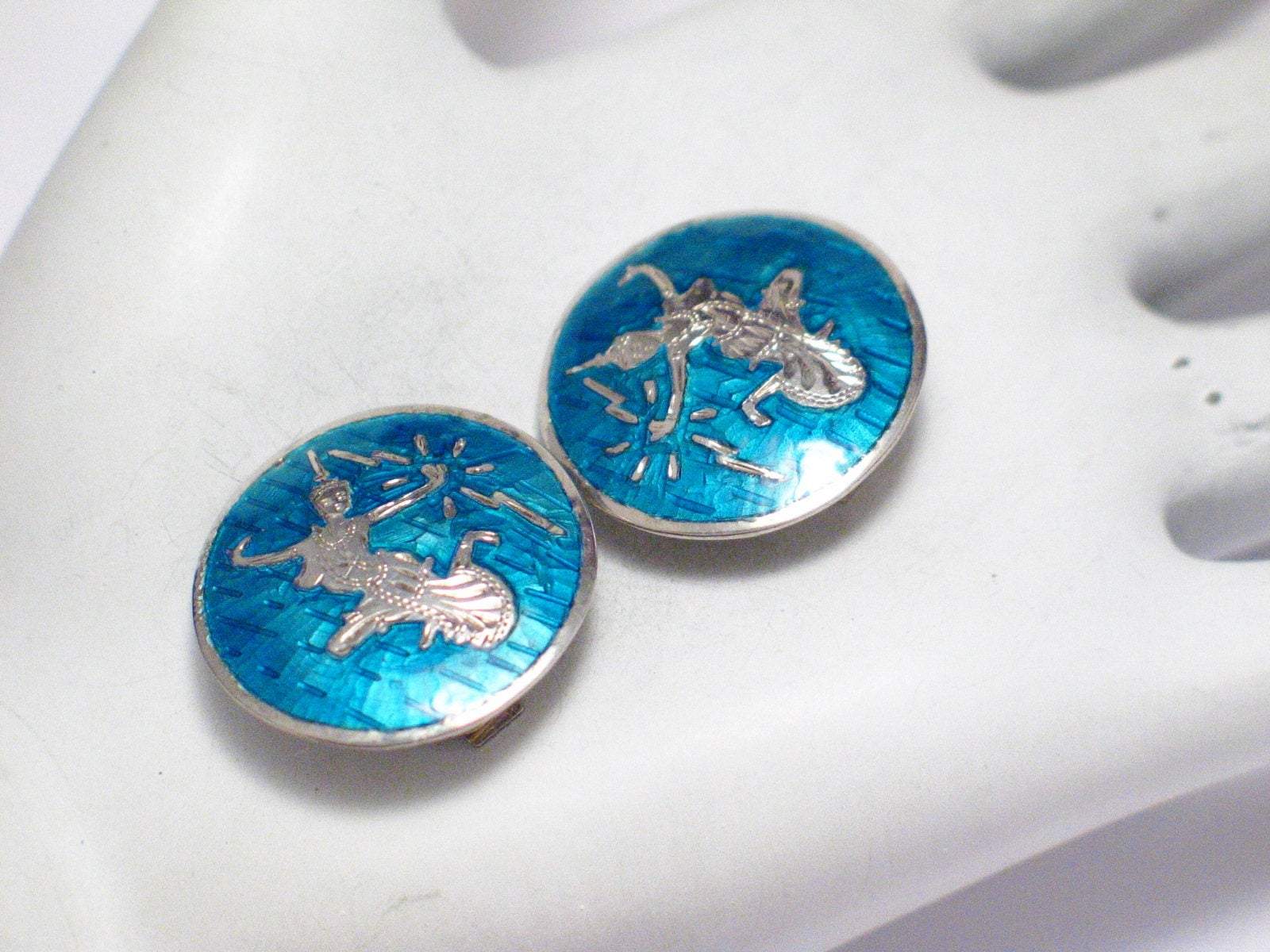 Clip on Earrings, Large Blue Guilloche Siam Goddess Circle Design Sterling Silver Earrings, Vintage Jewelry