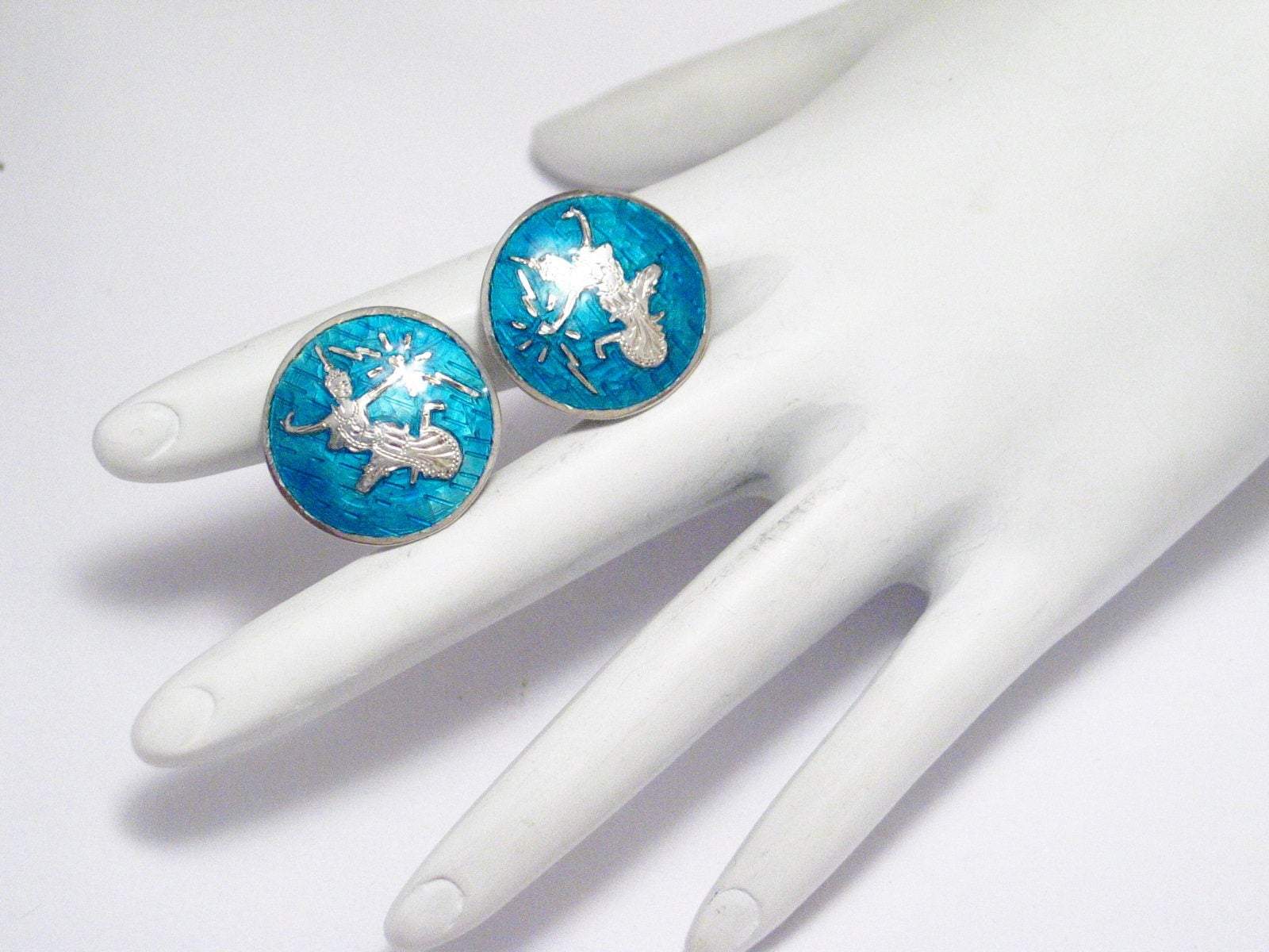 Earrings | Womens Large Blue Guilloche Siam Goddess ClipOn Earrings | Vintage Jewelry