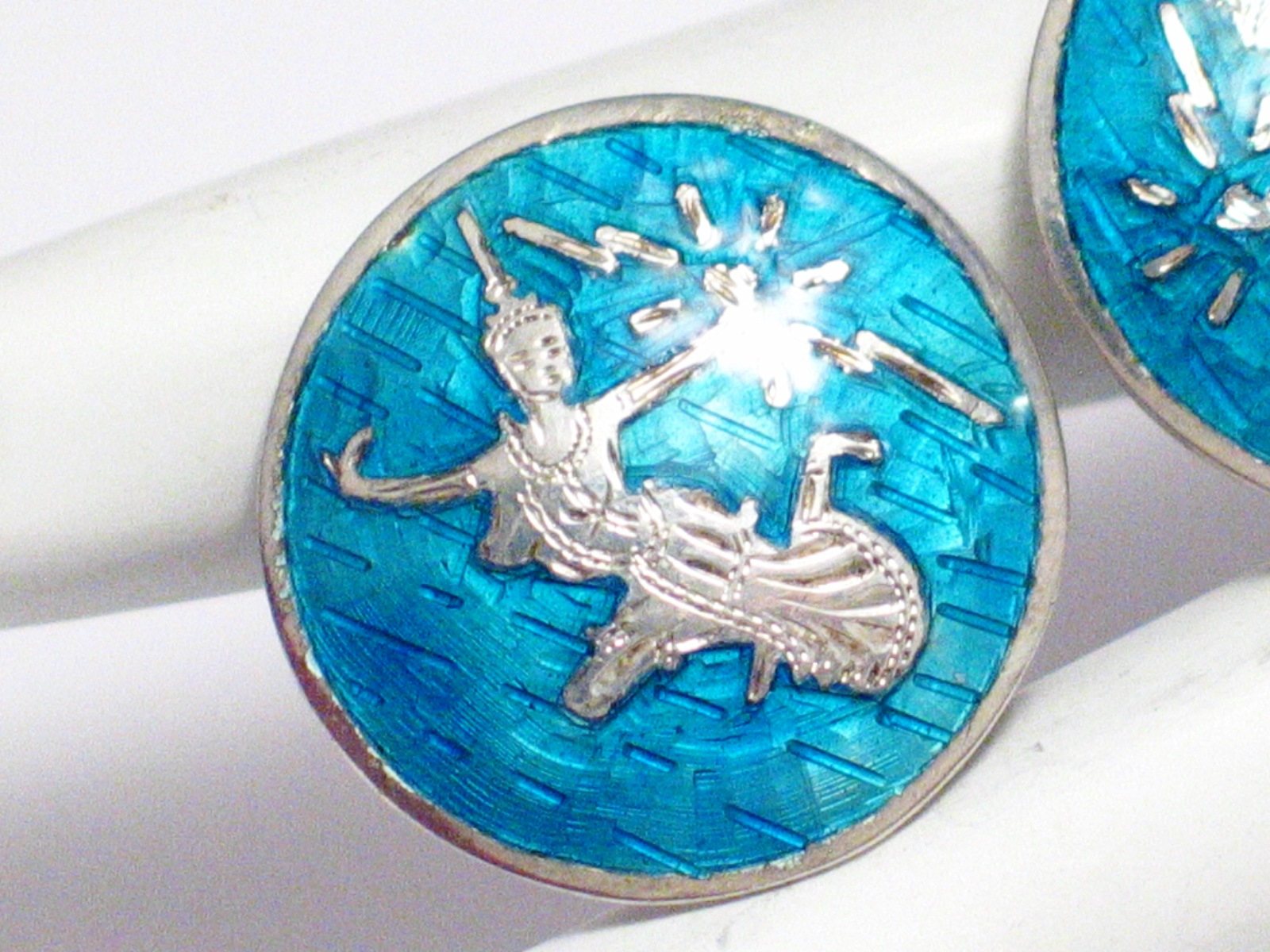 Earrings | Womens Large Blue Guilloche Siam Goddess ClipOn Earrings | Vintage Jewelry