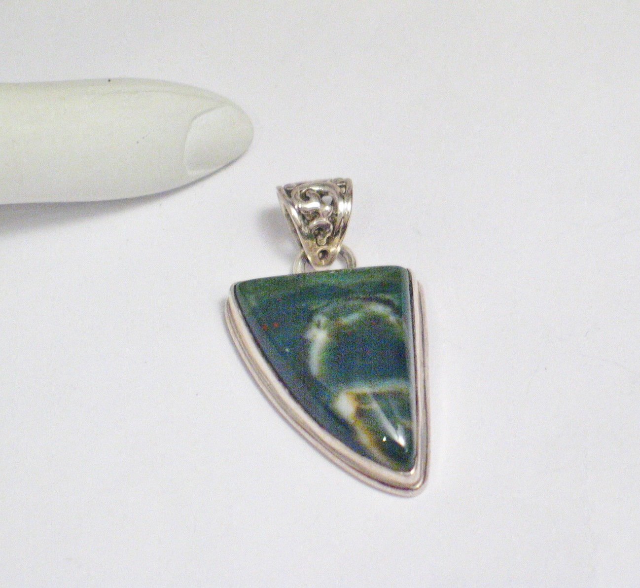 Stone Pendant, Mens Womens Geometric Tooth Design Green Bloodstone Sterling Silver Pendant