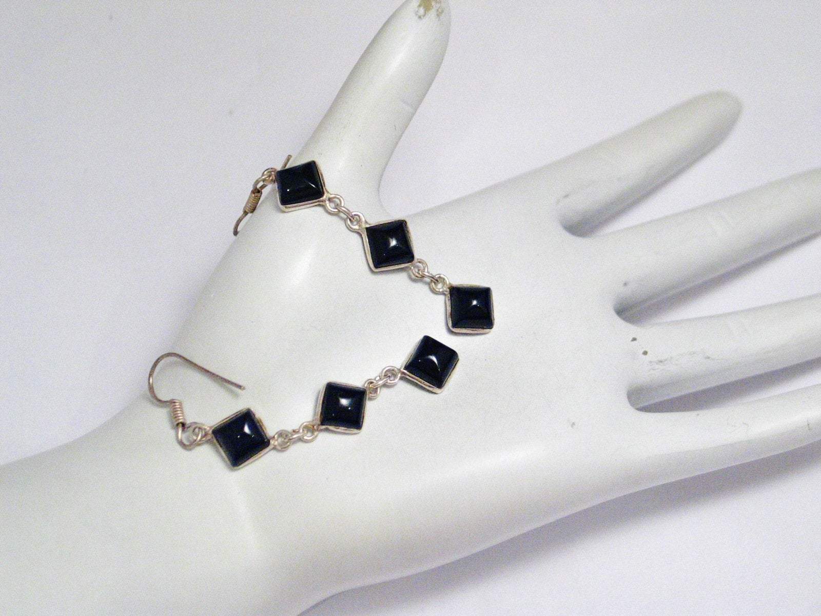 Black Earrings, Womens Long Stylish Onyx Stone Sterling Silver Dangle Earrings