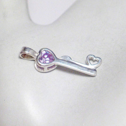 Birthstone Jewelry, Womens Pre-owned Purple Cz Heart Sterling Silver Key Design Pendant