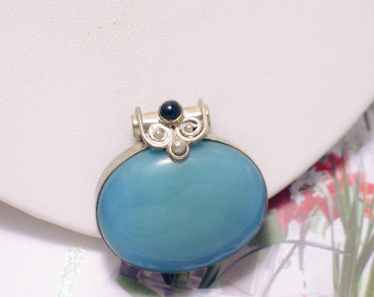 Stone Pendant, Unique Oval Blue Chalcedony Black Onyx Sterling Silver Pendant - Blingschlingers Jewelry