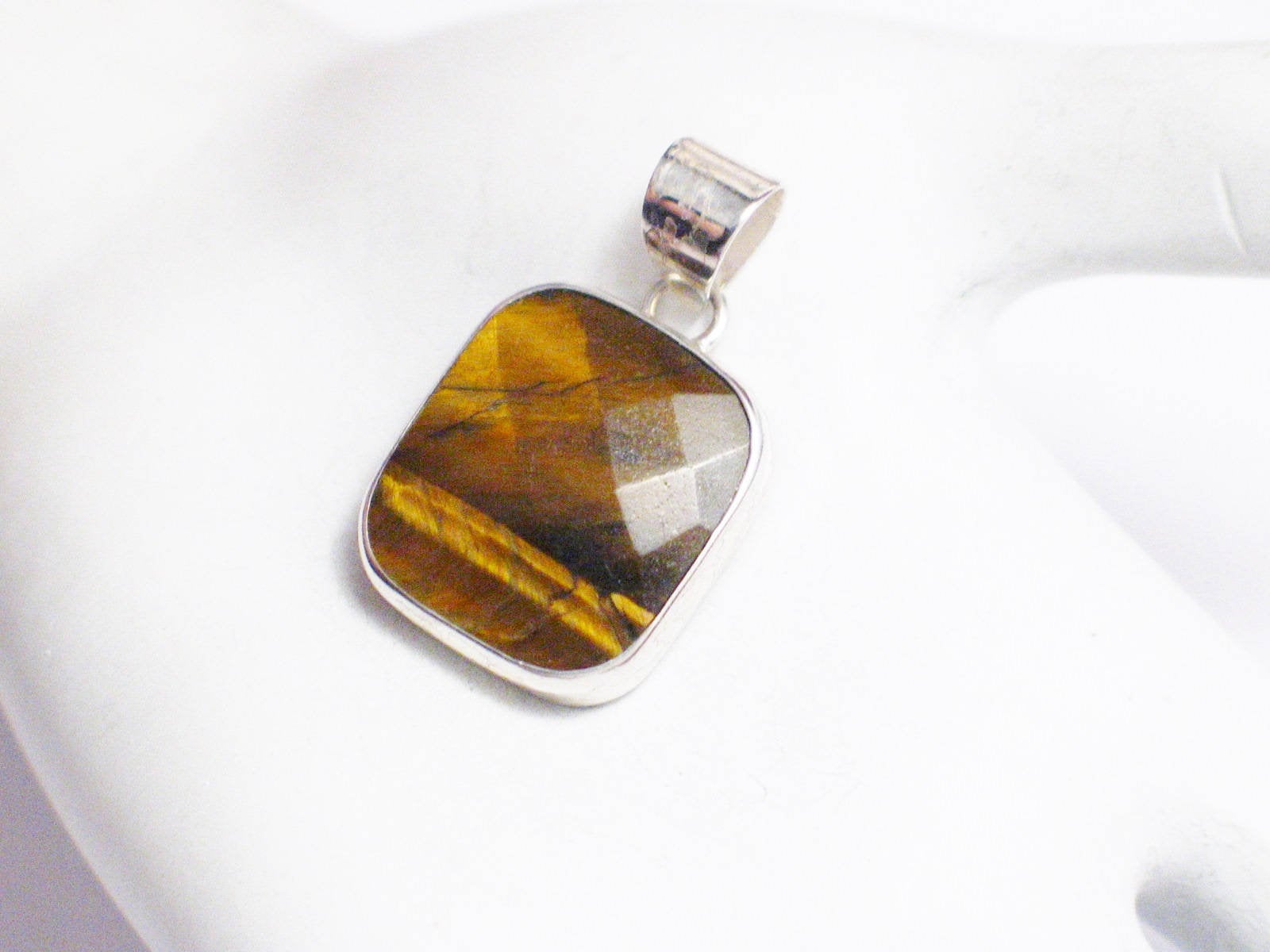 Sterling Silver Pendant, Mens Womens Square Checkerboard cut Golden Amber Tigers Eye Stone Pendant - Estate Jewelry