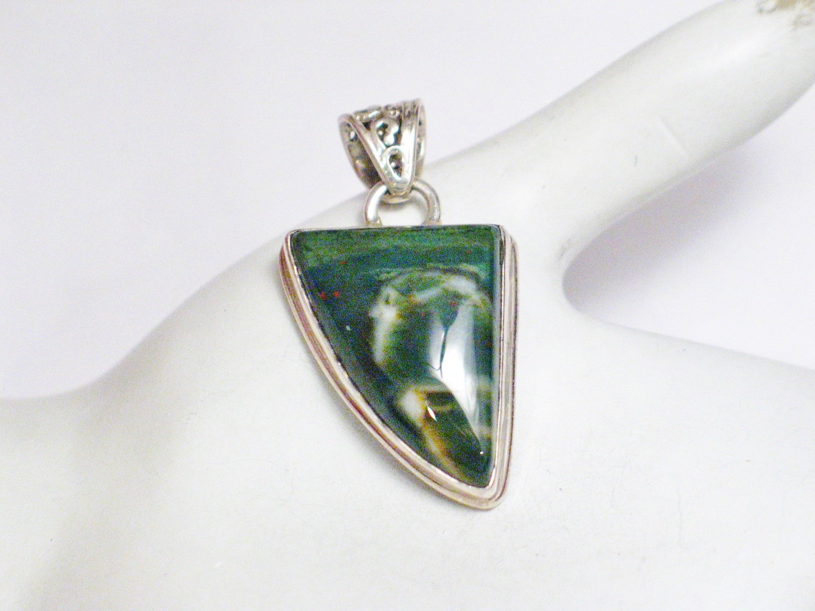 Stone Pendant, Mens Womens Geometric Tooth Design Green Bloodstone Sterling Silver Pendant