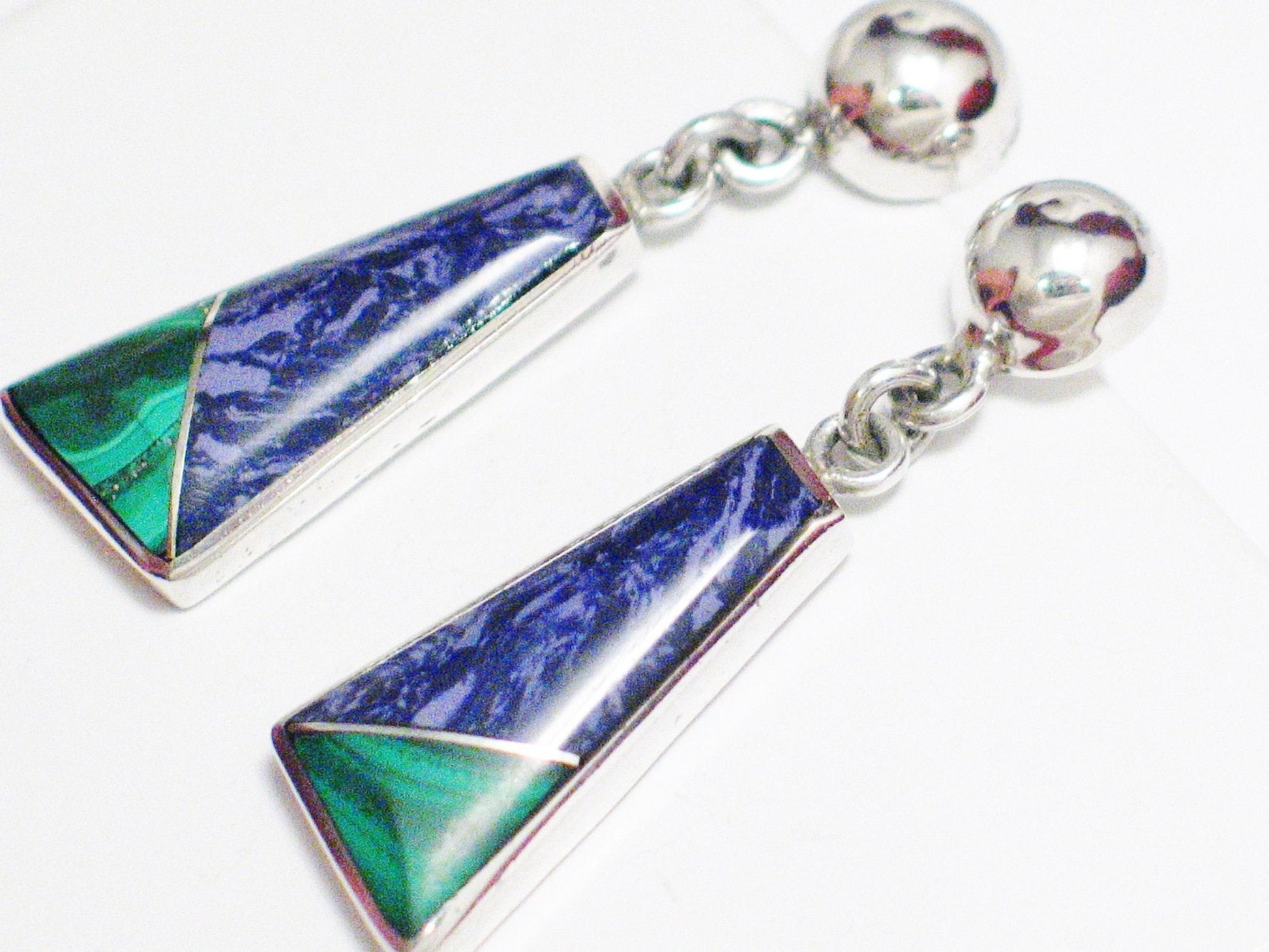 Dangle Earrings, Sterling Silver Purple Charoite Green Malachite Color Block Triangle Design Dangle Earrings - Blingschlingers Estate Jewelry