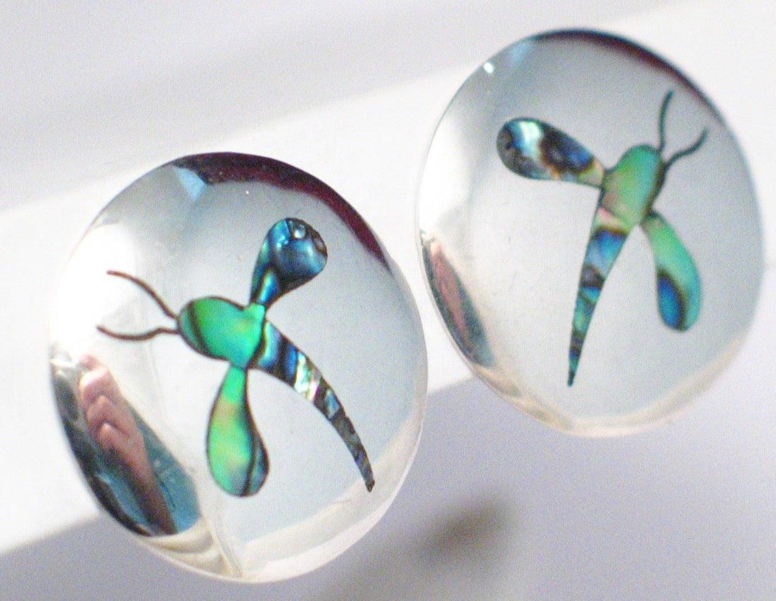 Clip-on Earrings, Sterling Silver Abalone Dragonfly Design Button Style Circle Earrings