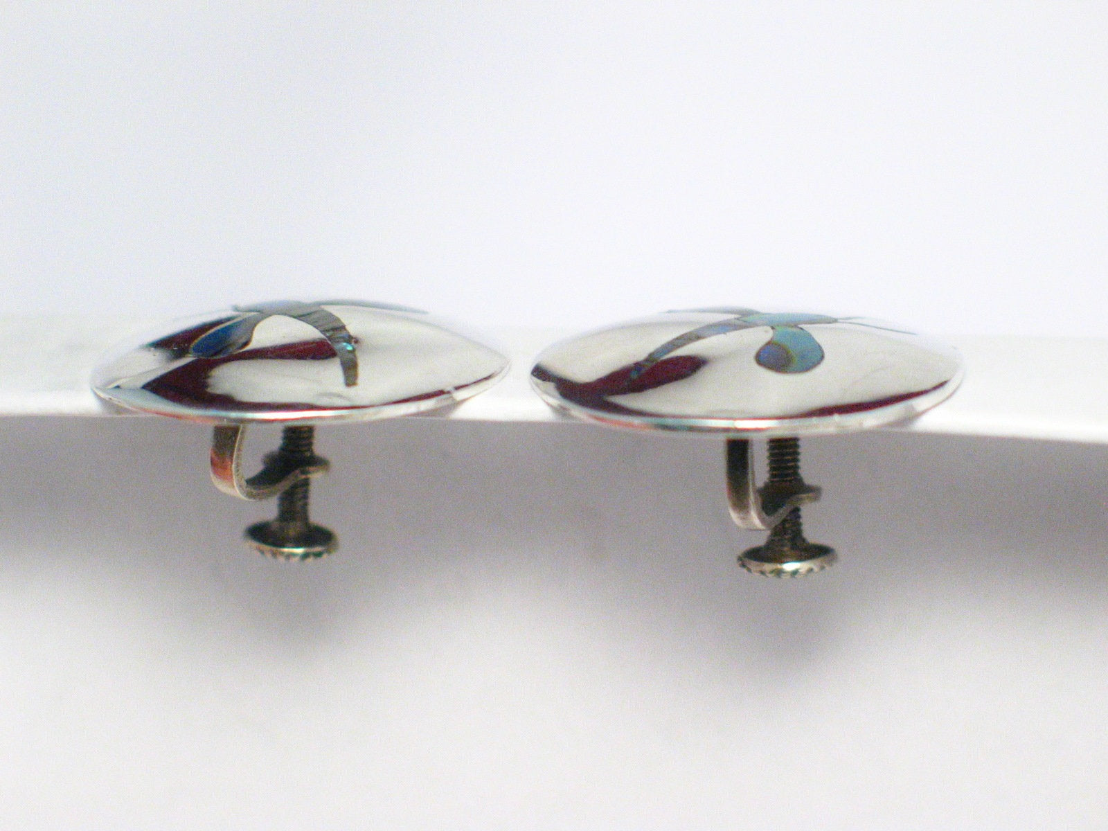 Clip-on Earrings, Sterling Silver Abalone Dragonfly Design Button Style Circle Earrings