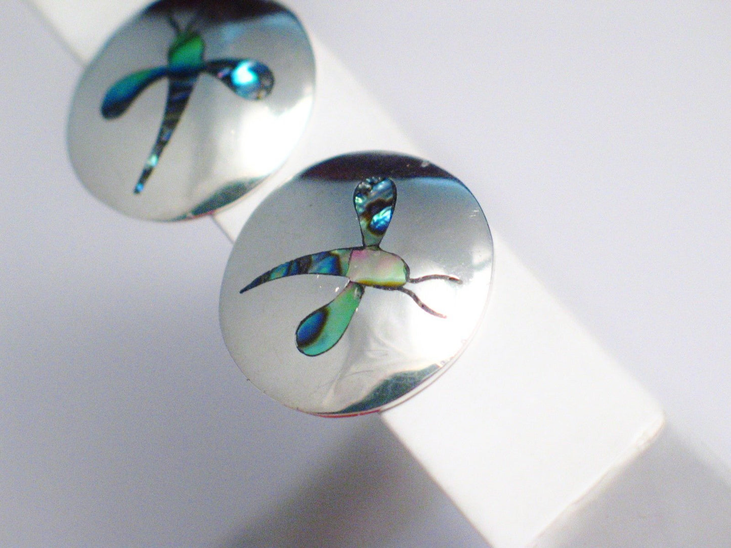 Clip-on Earrings, Sterling Silver Abalone Dragonfly Design Button Style Circle Earrings