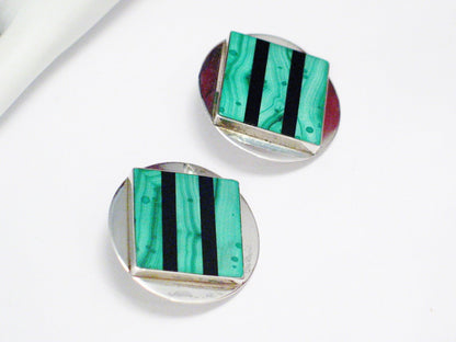 Big Stud Earrings, Sterling Silver Bold Geometric Circle, Square Design Green Malachite Stone Earrings