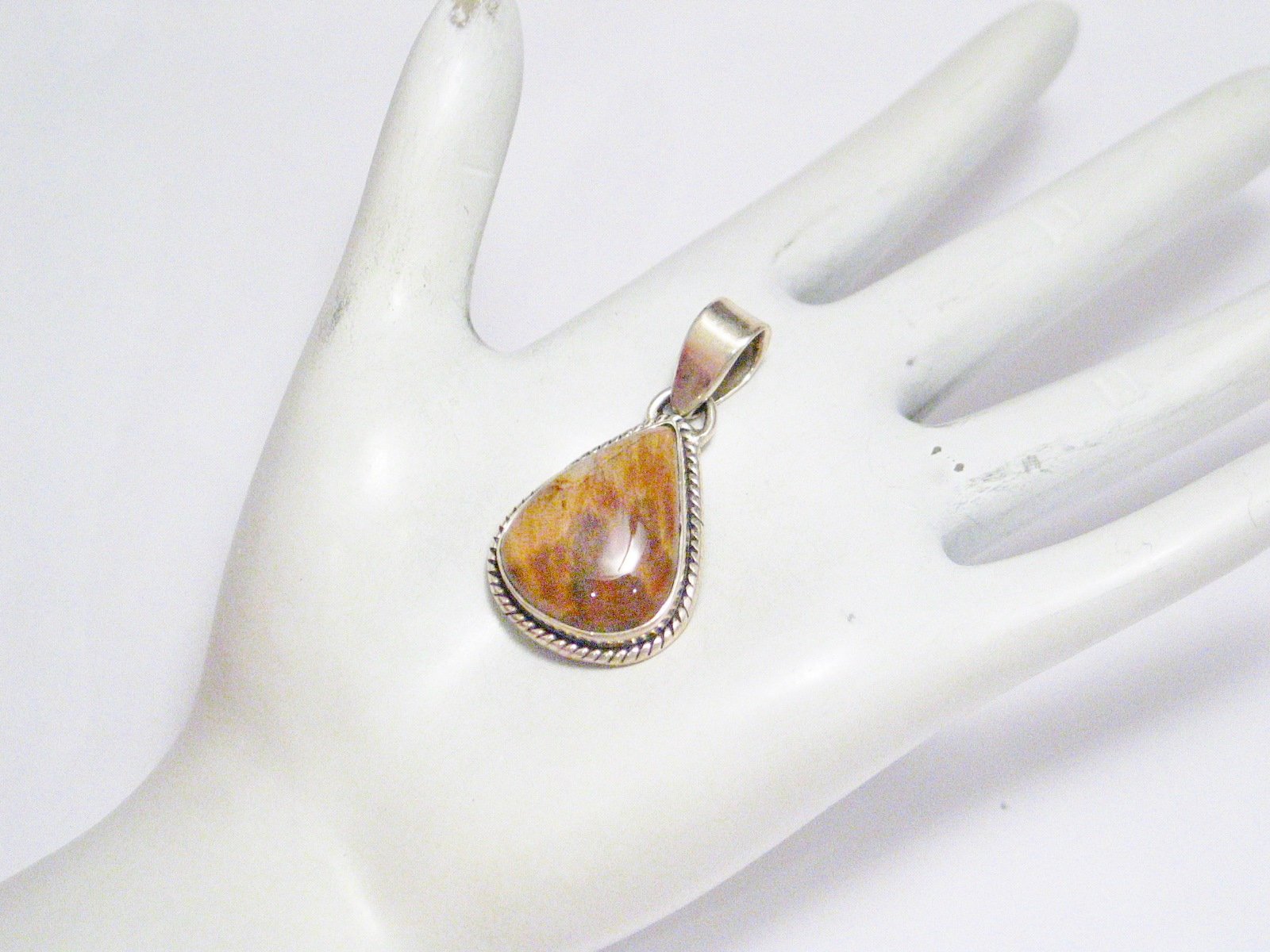 Sterling Silver Pendant, Mens Womens Natural Brown Agate Stone Teardrop Pendant