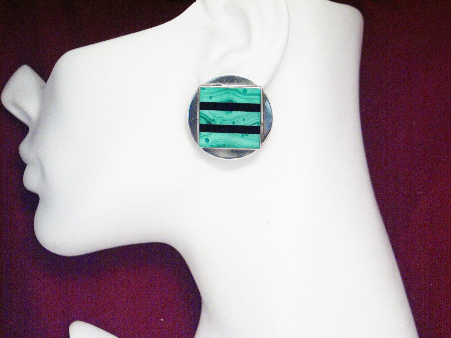 Big Stud Earrings, Sterling Silver Bold Geometric Circle, Square Design Green Malachite Stone Earrings