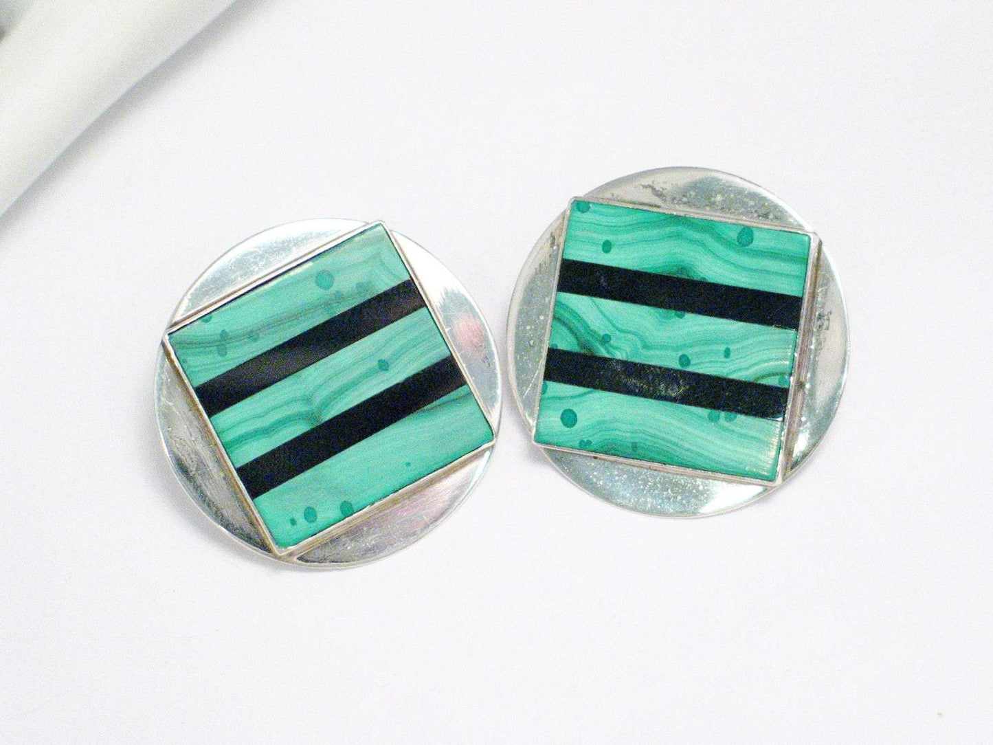 Big Stud Earrings, Sterling Silver Bold Geometric Circle, Square Design Green Malachite Stone Earrings