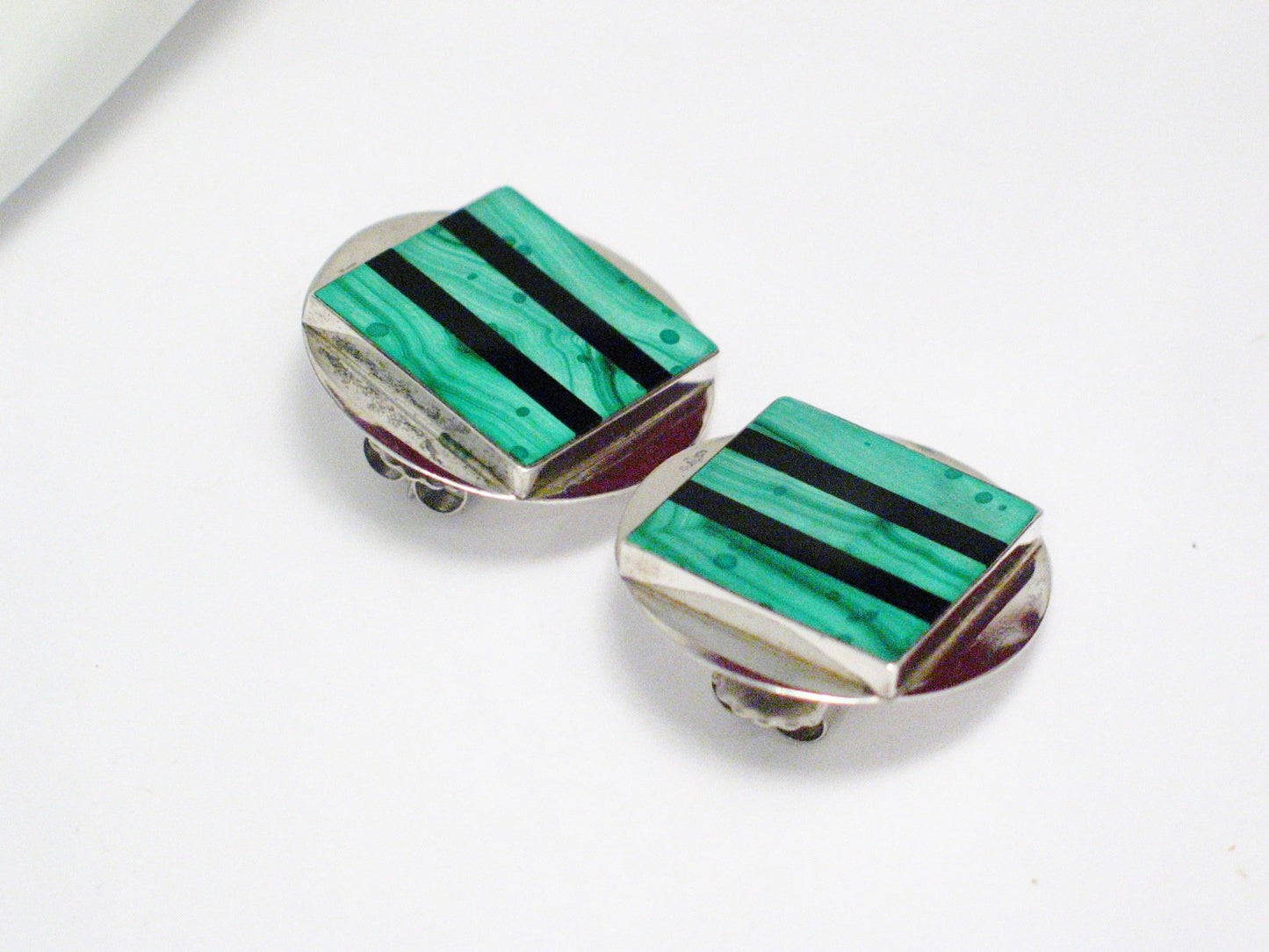 Big Stud Earrings, Sterling Silver Bold Geometric Circle, Square Design Green Malachite Stone Earrings