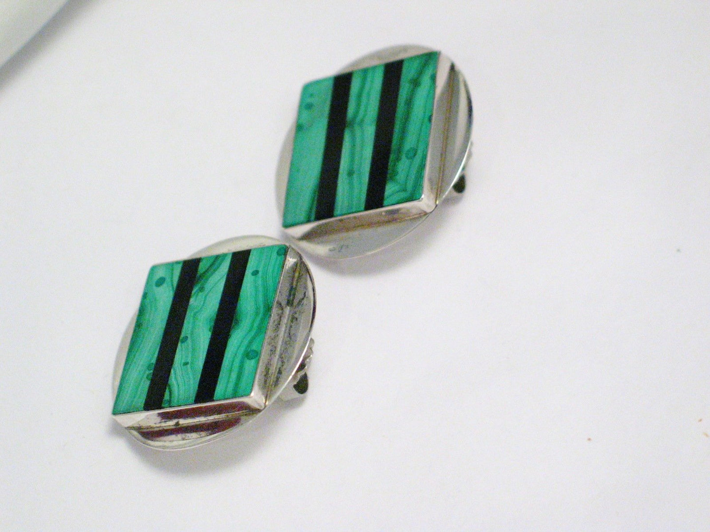 Big Stud Earrings, Sterling Silver Bold Geometric Circle, Square Design Green Malachite Stone Earrings