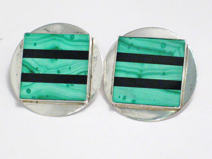 Big Stud Earrings, Sterling Silver Bold Geometric Circle, Square Design Green Malachite Stone Earrings