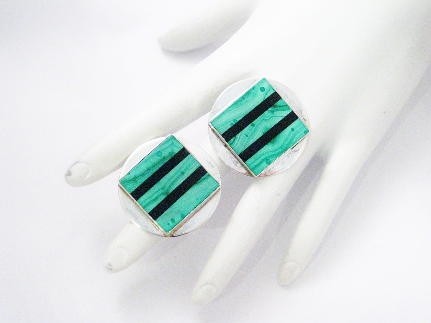 Big Stud Earrings, Sterling Silver Bold Geometric Circle, Square Design Green Malachite Stone Earrings | Estate Jewelry online