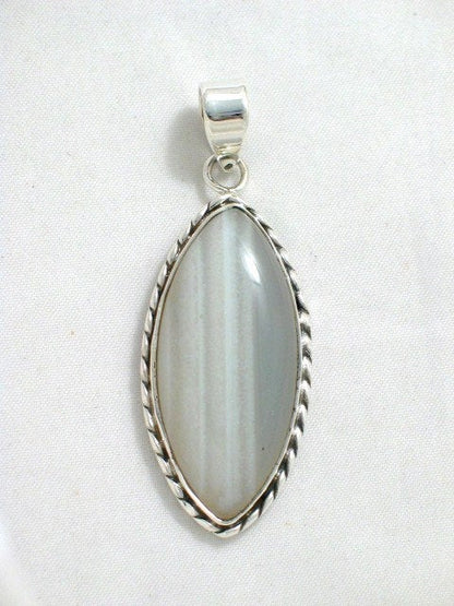 Stone Pendant, Mens Womens Edgy Style Shades of Gray Natural Banded Agate Stone Sterling Silver Pendant - Discount Jewelry
