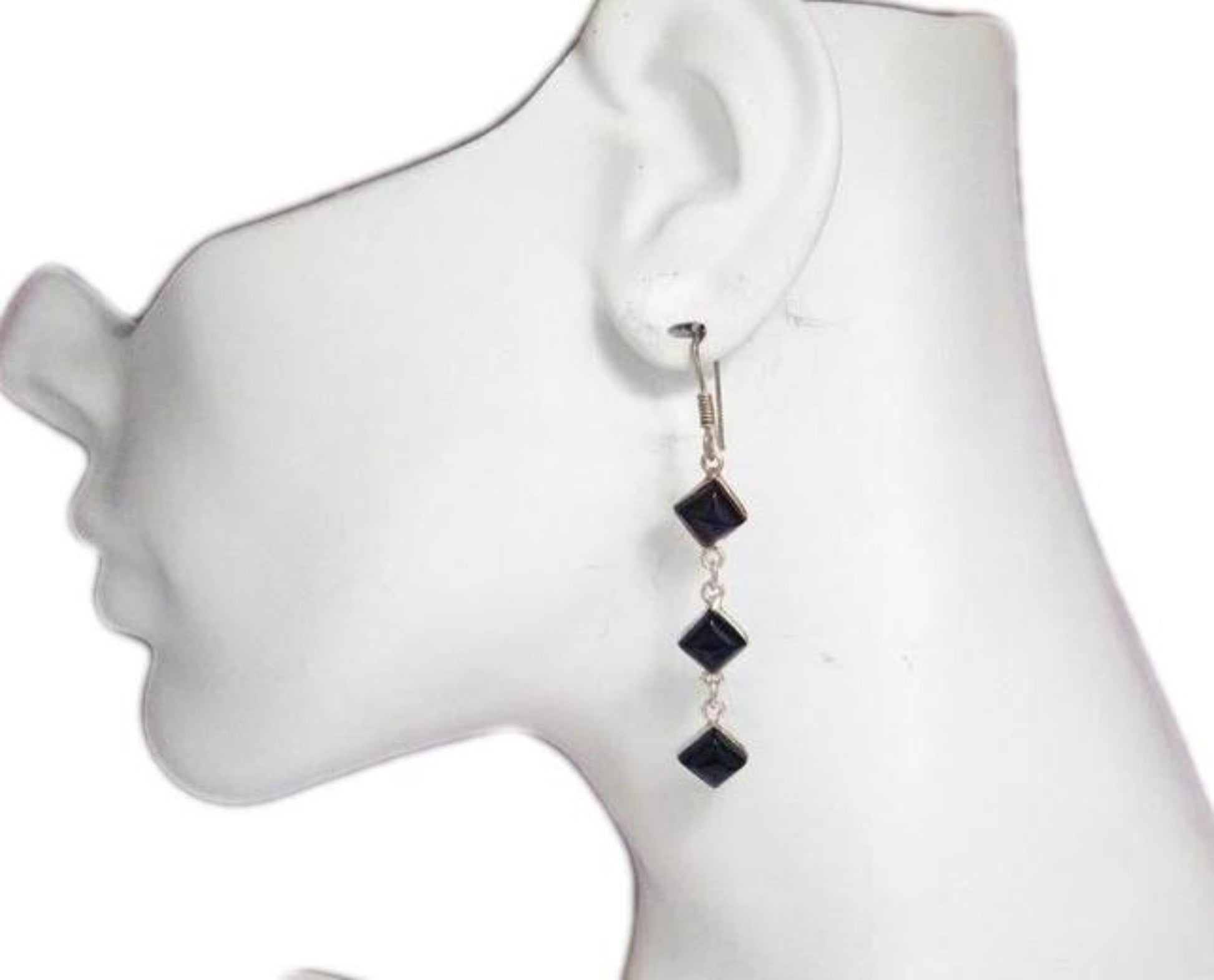 Black Earrings, Womens Long Stylish Onyx Stone Sterling Silver Dangle Earrings